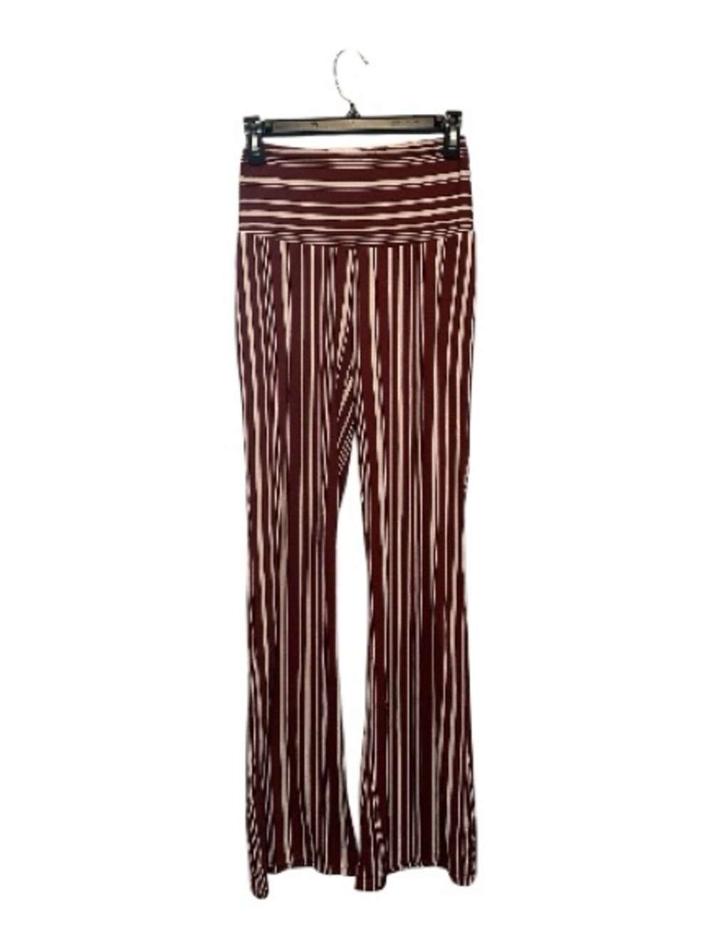 shosho Burgundy and Cream Vertical Stripe Flared Stretch Pants Size Medium